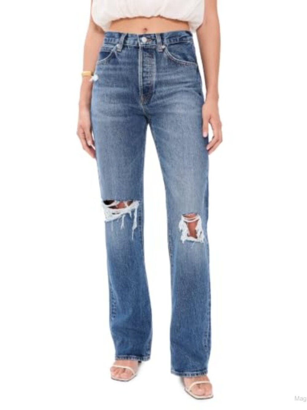 The Vertical High Rise Straight Leg Jeans Mid Weight Denim Distressed